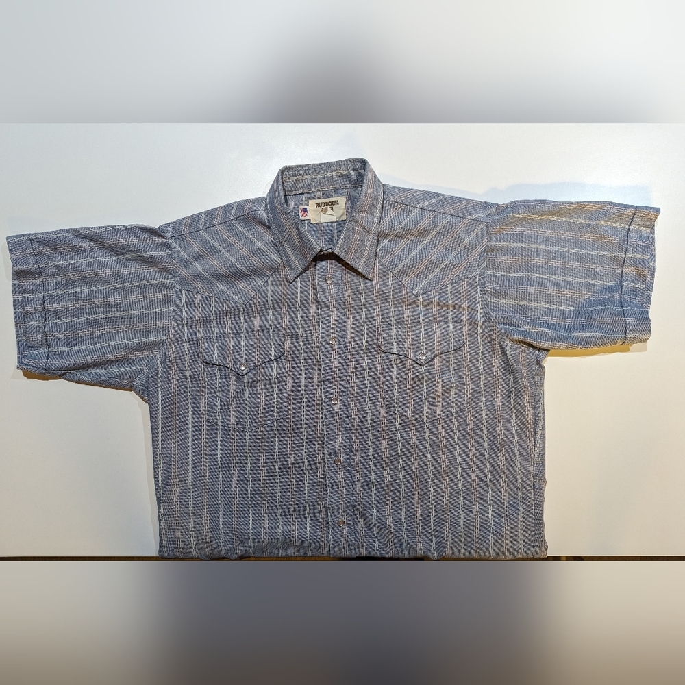 VINTAGE Ruddock Short Sleeve Pearl Snap Grey w/ Red & White Stripes 18 Xtra Long